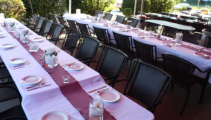 Flanagan's patio set up for a rehearsal dinner